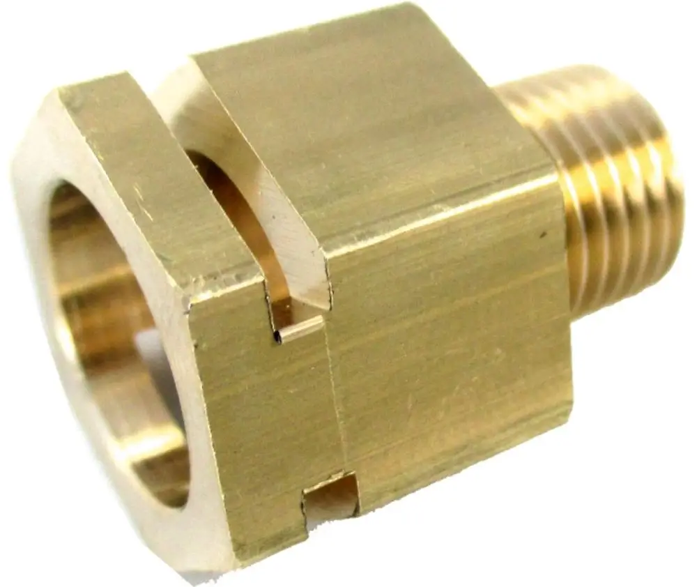 Brass adapter with a square opening and threaded end, likely used for connecting pressure sensors, marked with the Wolf brand.